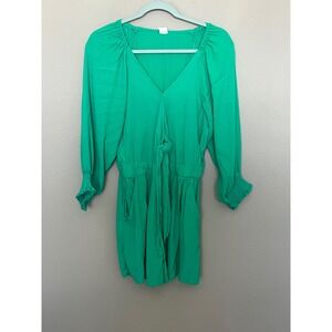 Flawless Green V Neck Smocked Waist Long Sleeve Romper Shorts Pockets